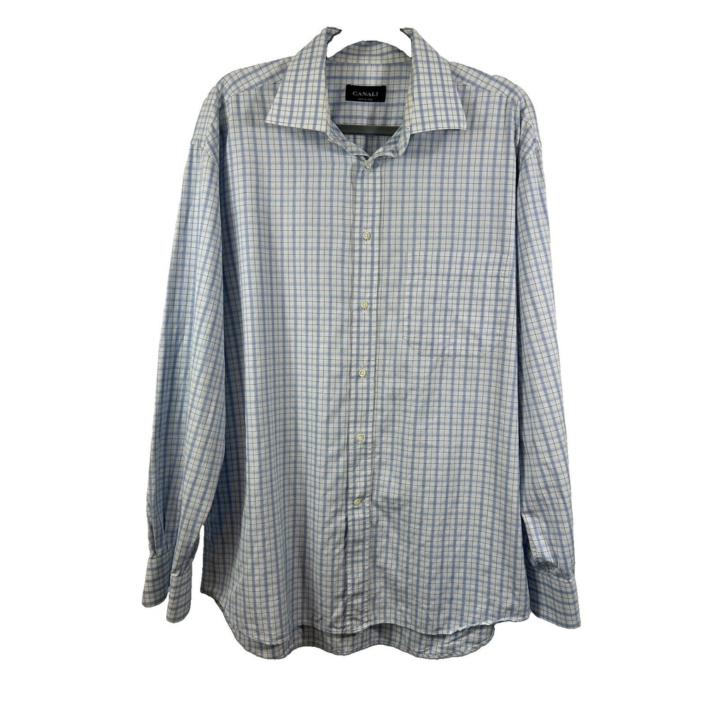 Canali Made in Italy Mens Plaid Dress Shirt Sz 17 43 Blue Quiet Luxury Designer